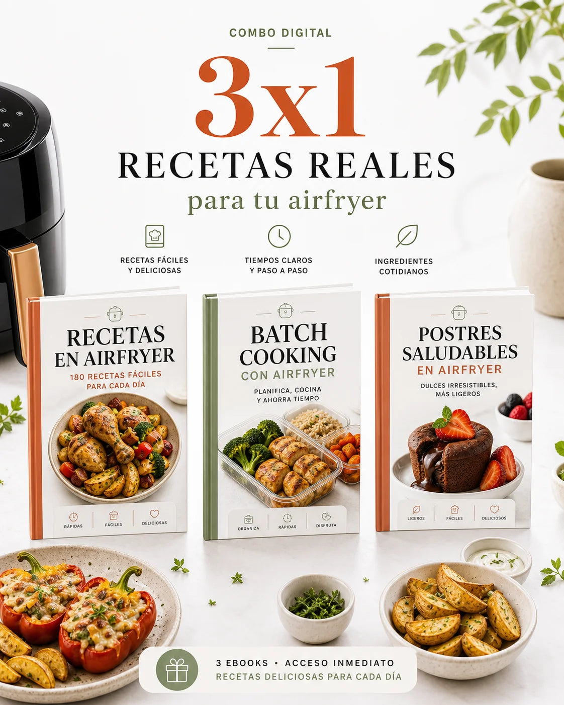 Combo 3x1 Recetas Airfryer → 180 Recetas + 2 Regalos 🎁